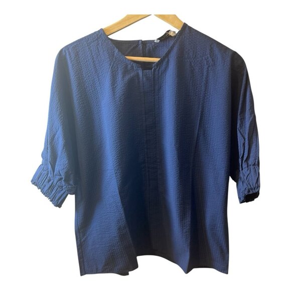 Harshman Anthropologie Navy Gilida Popover Blouse Size S Cotton Puff Sleeve - Picture 3 of 10